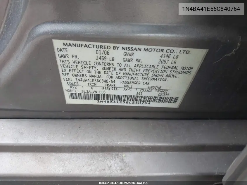 2006 NISSAN MAXIMA VIN 1N4BA41E56C840764 — фото 9