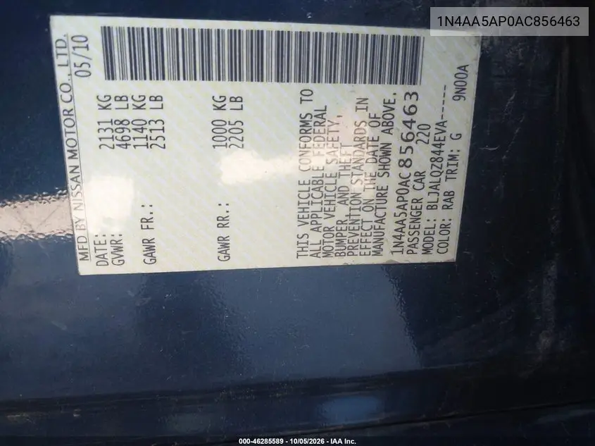 2010 NISSAN MAXIMA VIN 1N4AA5AP0AC856463 — фото 9