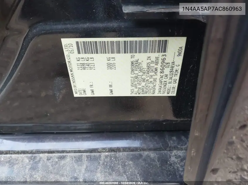 2010 NISSAN MAXIMA VIN 1N4AA5AP7AC860963 — фото 9