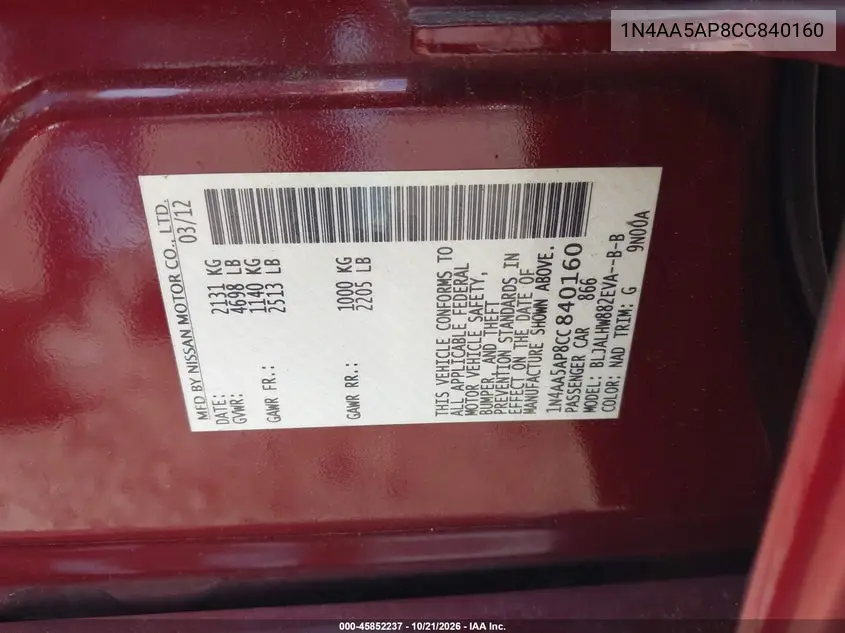 2012 NISSAN MAXIMA VIN 1N4AA5AP8CC840160 — фото 9
