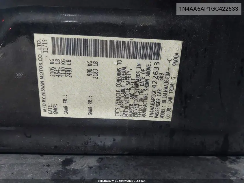 2016 NISSAN MAXIMA VIN 1N4AA6AP1GC422633 — фото 9