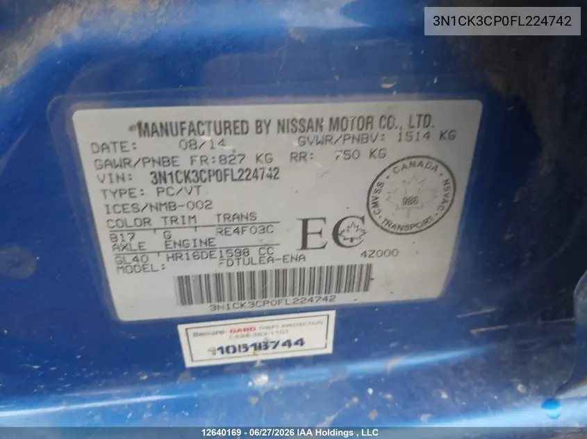2015 NISSAN MICRA VIN 3N1CK3CP0FL224742 — фото 9