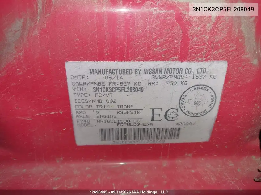 2015 NISSAN MICRA VIN 3N1CK3CP5FL208049 — фото 9