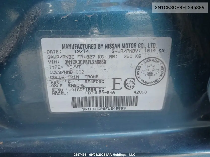 2015 NISSAN MICRA VIN 3N1CK3CP8FL246889 — фото 9