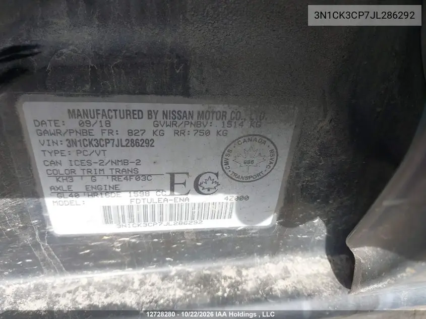 NISSAN MICRA 2018, VIN 3N1CK3CP7JL286292