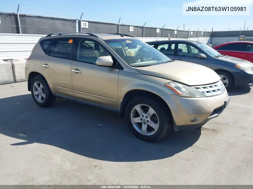 NISSAN MURANO 2003, VIN JN8AZ08T63W105981