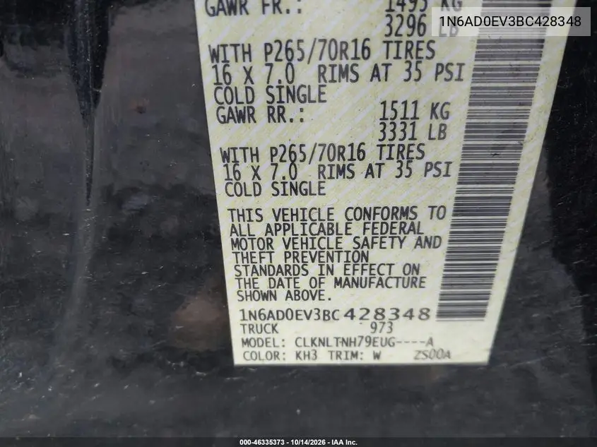 2011 NISSAN NAVARA (FRONTIER) VIN 1N6AD0EV3BC428348 — фото 9