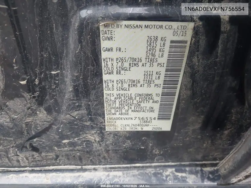 2015 NISSAN NAVARA (FRONTIER) VIN 1N6AD0EVXFN756554 — фото 9