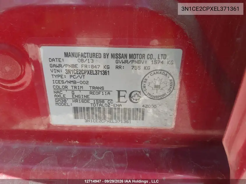2014 NISSAN NOTE VIN 3N1CE2CPXEL371361 — фото 18
