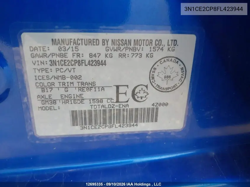 2015 NISSAN NOTE VIN 3N1CE2CP8FL423944 — фото 9