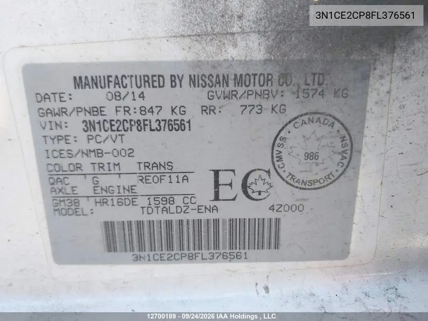 2015 NISSAN NOTE VIN 3N1CE2CP8FL376561 — фото 18