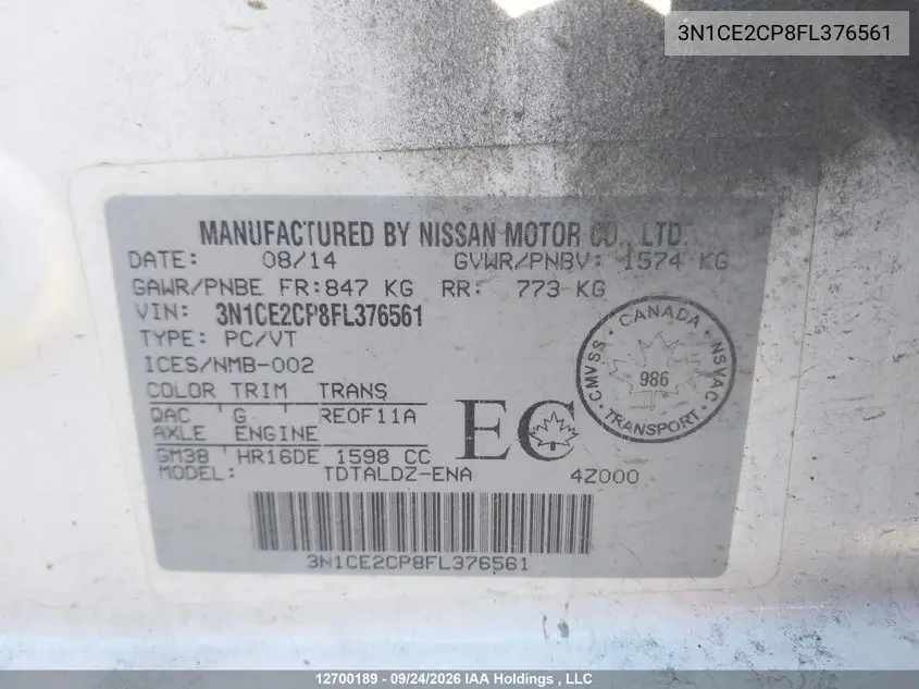 2015 NISSAN NOTE VIN 3N1CE2CP8FL376561 — фото 9