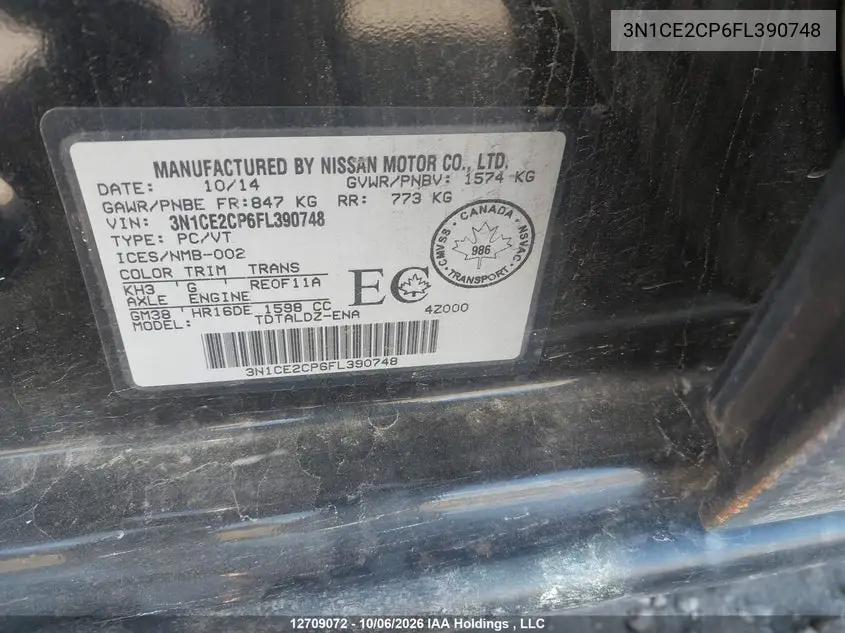 2015 NISSAN NOTE VIN 3N1CE2CP6FL390748 — фото 9