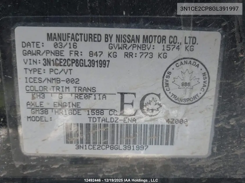 2016 NISSAN NOTE VIN 3N1CE2CP8GL391997 — фото 9