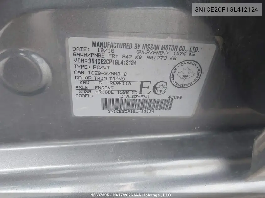2016 NISSAN NOTE VIN 3N1CE2CP1GL412124 — фото 9