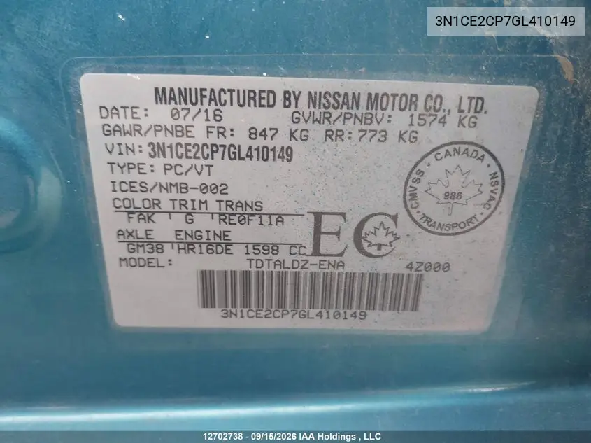 2016 NISSAN NOTE VIN 3N1CE2CP7GL410149 — фото 9