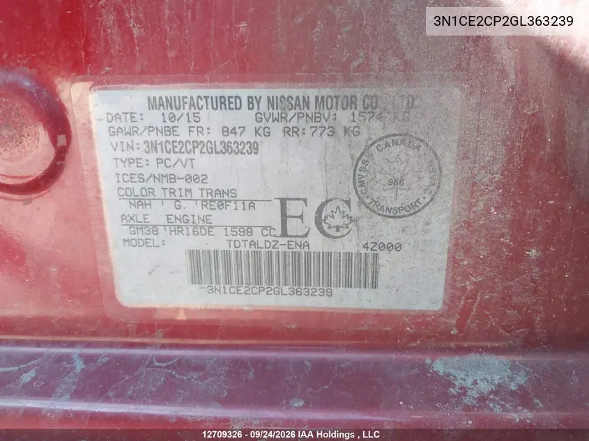 2016 NISSAN NOTE VIN 3N1CE2CP2GL363239 — фото 19