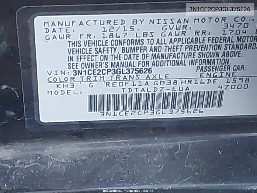 2016 NISSAN NOTE VIN 3N1CE2CP3GL375626 — фото 9