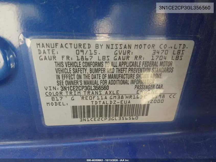 2016 NISSAN NOTE VIN 3N1CE2CP3GL356560 — фото 9