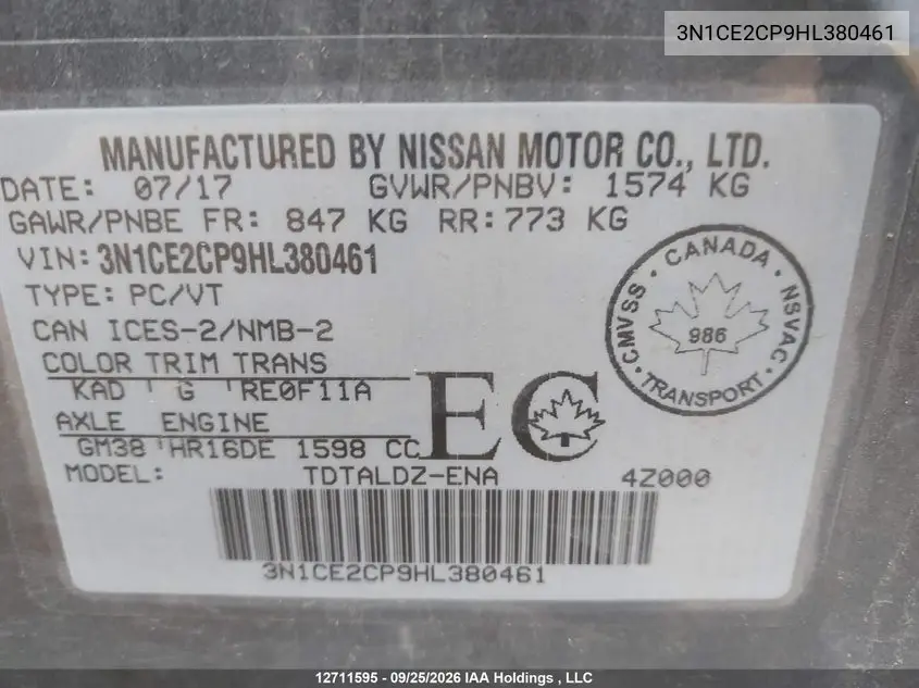 2017 NISSAN NOTE VIN 3N1CE2CP9HL380461 — фото 18