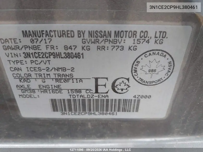 2017 NISSAN NOTE VIN 3N1CE2CP9HL380461 — фото 9