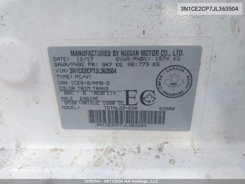 2018 NISSAN NOTE VIN 3N1CE2CP7JL363504 — фото 20
