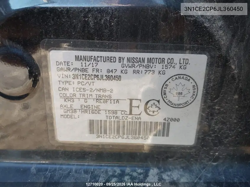2018 NISSAN NOTE VIN 3N1CE2CP6JL360450 — фото 19