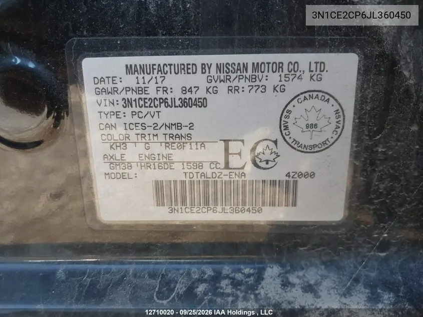 2018 NISSAN NOTE VIN 3N1CE2CP6JL360450 — фото 9