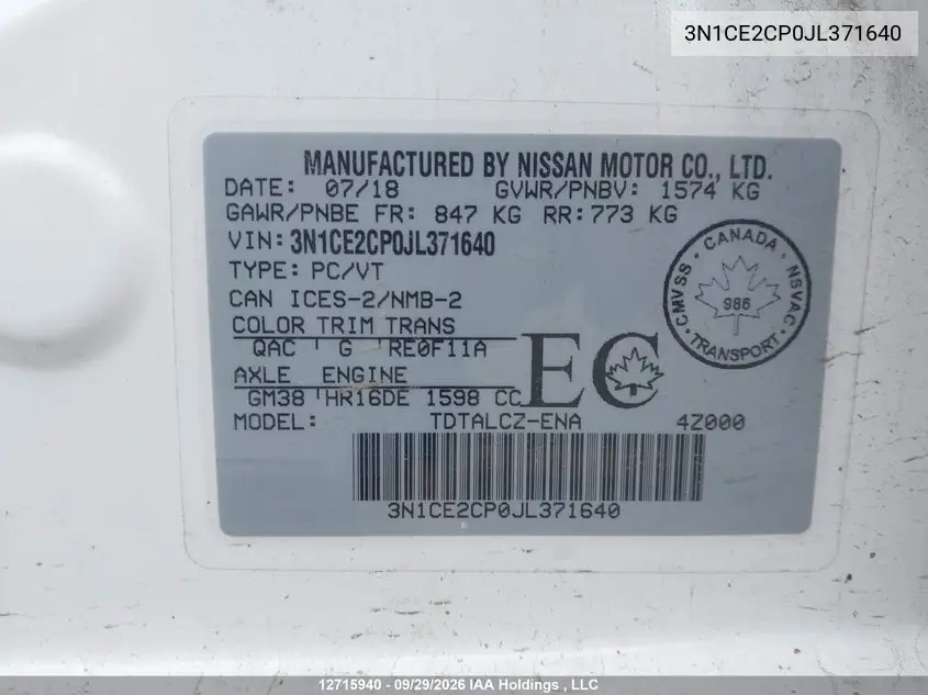 2018 NISSAN NOTE VIN 3N1CE2CP0JL371640 — фото 18