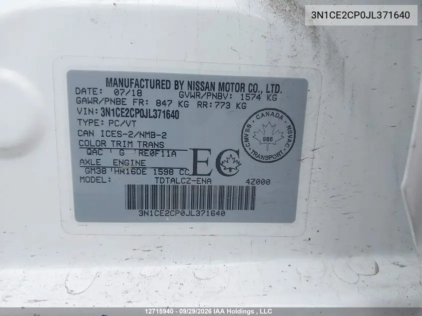 2018 NISSAN NOTE VIN 3N1CE2CP0JL371640 — фото 9