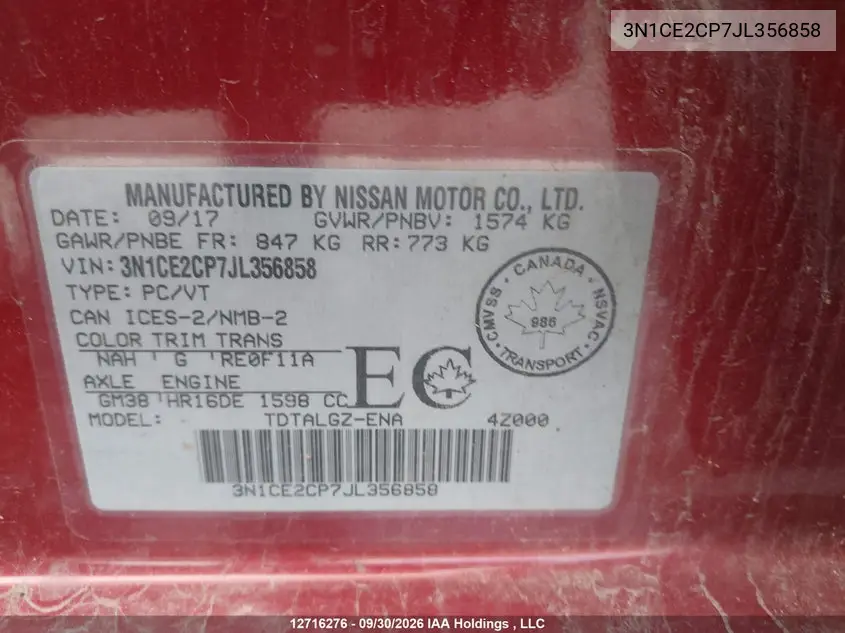 2018 NISSAN NOTE VIN 3N1CE2CP7JL356858 — фото 9