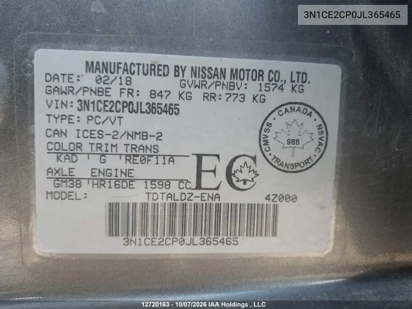 2018 NISSAN NOTE VIN 3N1CE2CP0JL365465 — фото 19