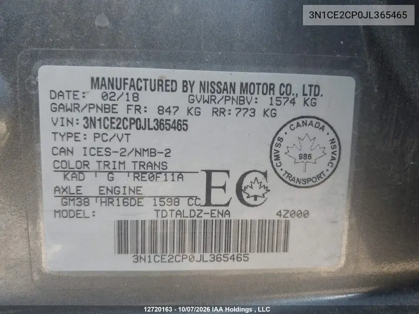 2018 NISSAN NOTE VIN 3N1CE2CP0JL365465 — фото 9