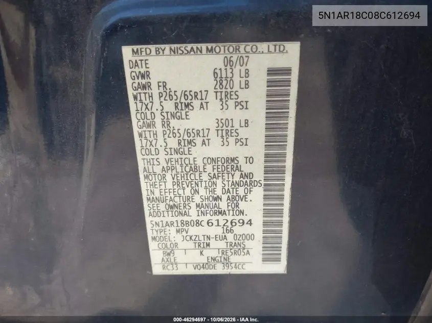 2008 NISSAN PATHFINDER VIN 5N1AR18C08C612694 — фото 9