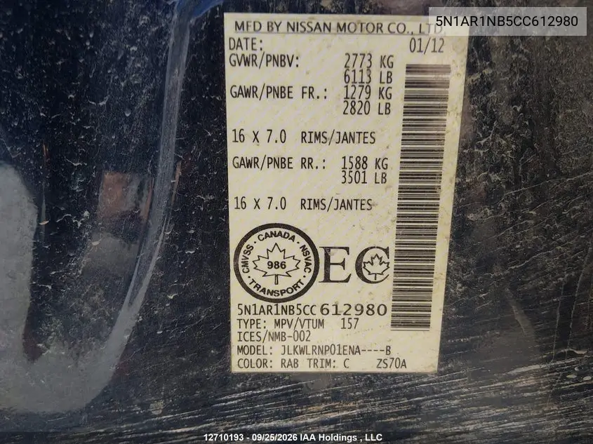 2012 NISSAN PATHFINDER VIN 5N1AR1NB5CC612980 — фото 9