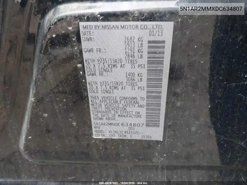 2013 NISSAN PATHFINDER VIN 5N1AR2MMXDC634807 — фото 9