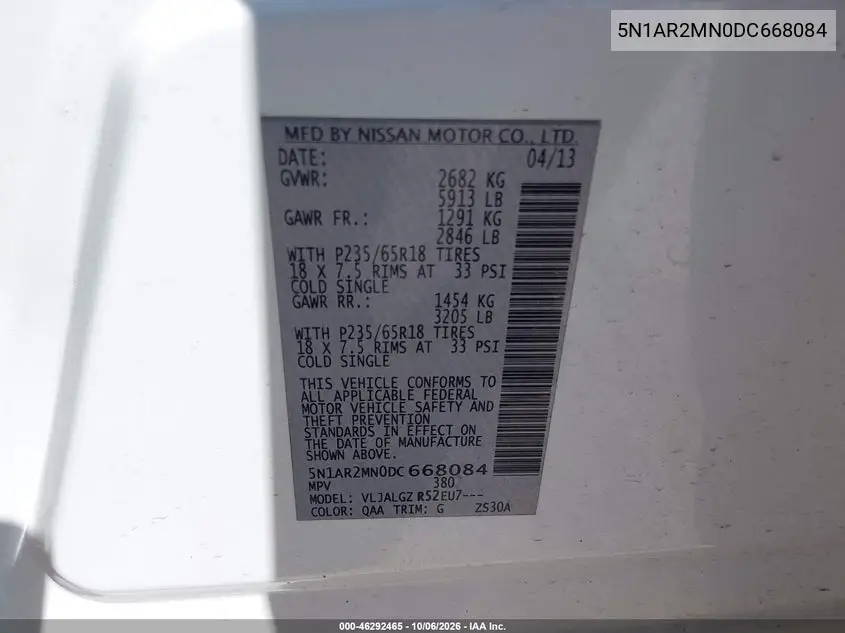 2013 NISSAN PATHFINDER VIN 5N1AR2MN0DC668084 — фото 9