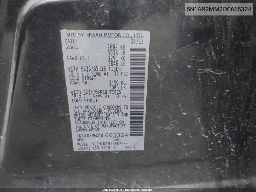 2013 NISSAN PATHFINDER VIN 5N1AR2MM2DC665324 — фото 9