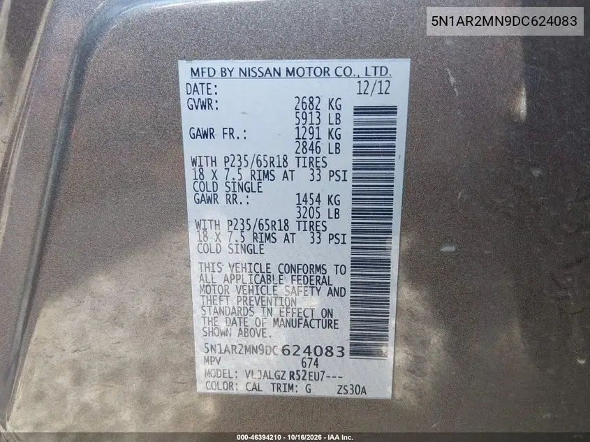 2013 NISSAN PATHFINDER VIN 5N1AR2MN9DC624083 — фото 9