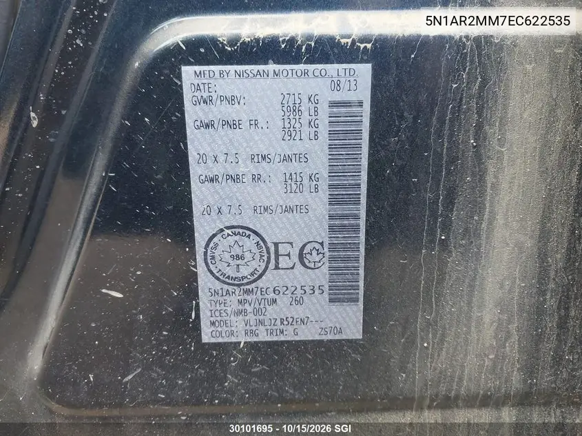 2014 NISSAN PATHFINDER VIN 5N1AR2MM7EC622535 — фото 9