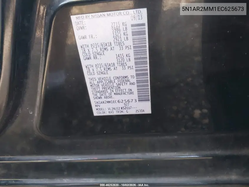 2014 NISSAN PATHFINDER VIN 5N1AR2MM1EC625673 — фото 9