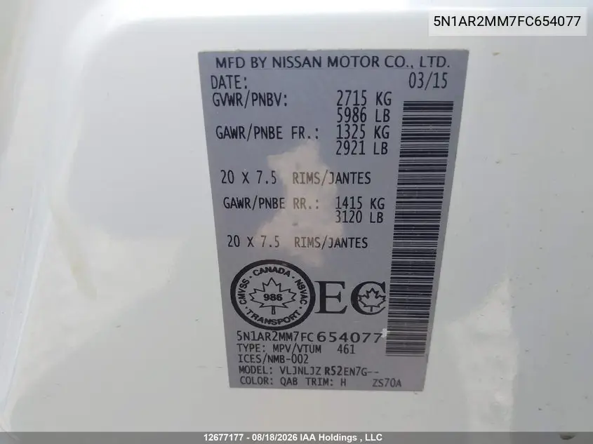 2015 NISSAN PATHFINDER VIN 5N1AR2MM7FC654077 — фото 9