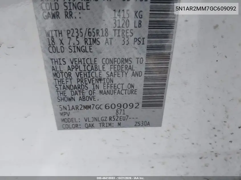 2016 NISSAN PATHFINDER VIN 5N1AR2MM7GC609092 — фото 9
