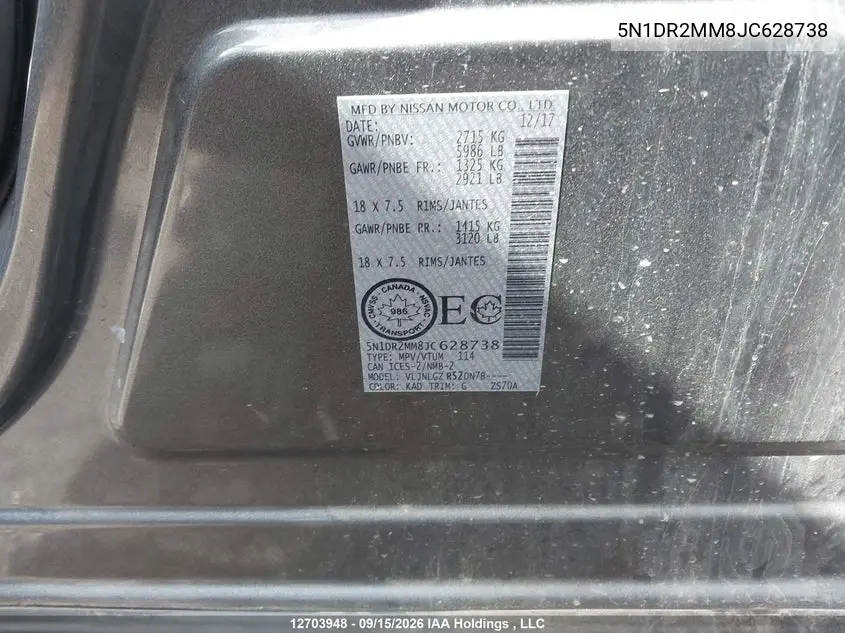 2018 NISSAN PATHFINDER VIN 5N1DR2MM8JC628738 — фото 18