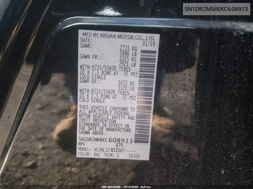 2019 NISSAN PATHFINDER VIN 5N1DR2MM8KC608913 — фото 9