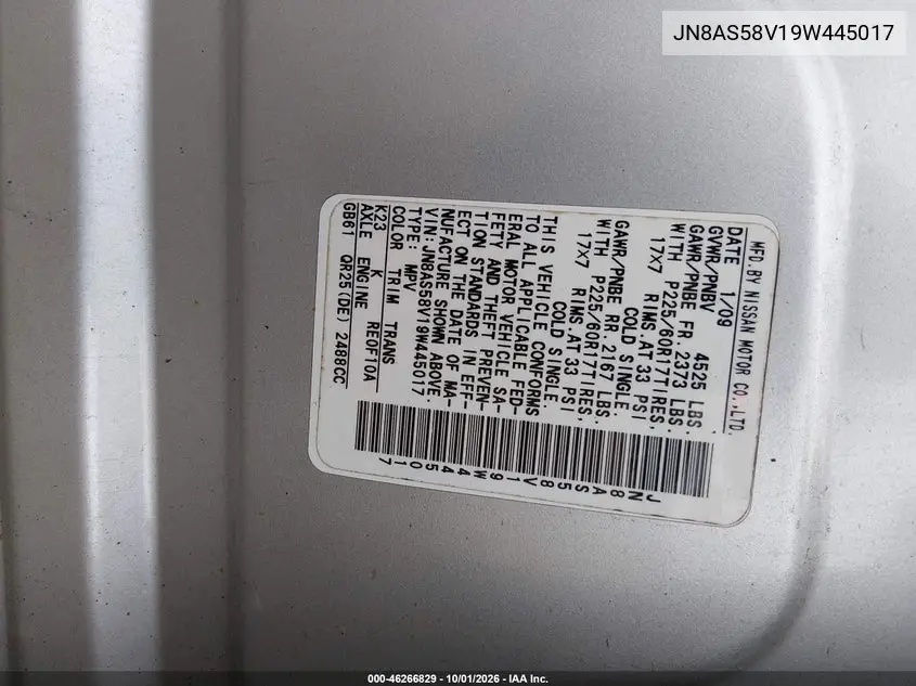 2009 NISSAN ROGUE VIN JN8AS58V19W445017 — фото 9