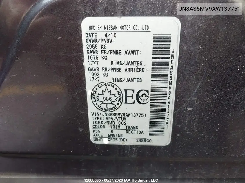 2010 NISSAN ROGUE VIN JN8AS5MV9AW137751 — фото 9