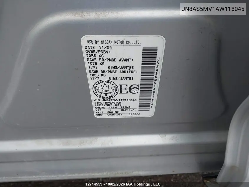 2010 NISSAN ROGUE VIN JN8AS5MV1AW118045 — фото 9
