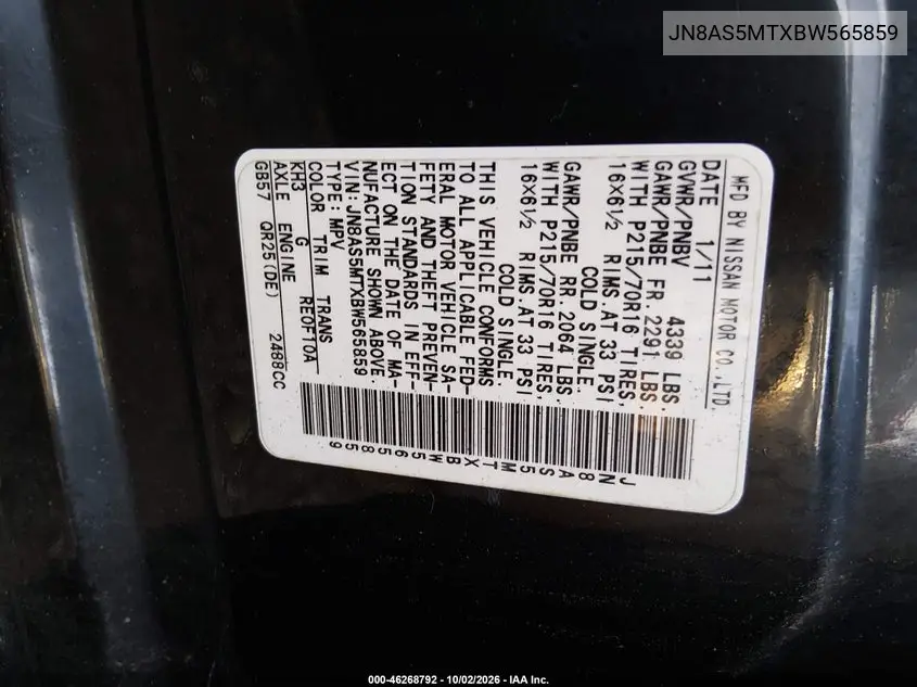 2011 NISSAN ROGUE VIN JN8AS5MTXBW565859 — фото 9