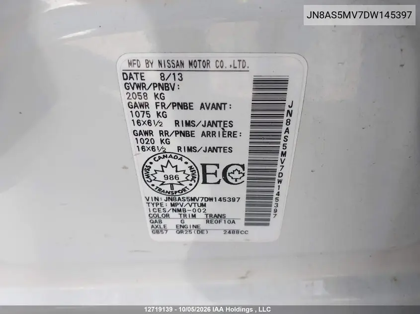 2013 NISSAN ROGUE VIN JN8AS5MV7DW145397 — фото 9
